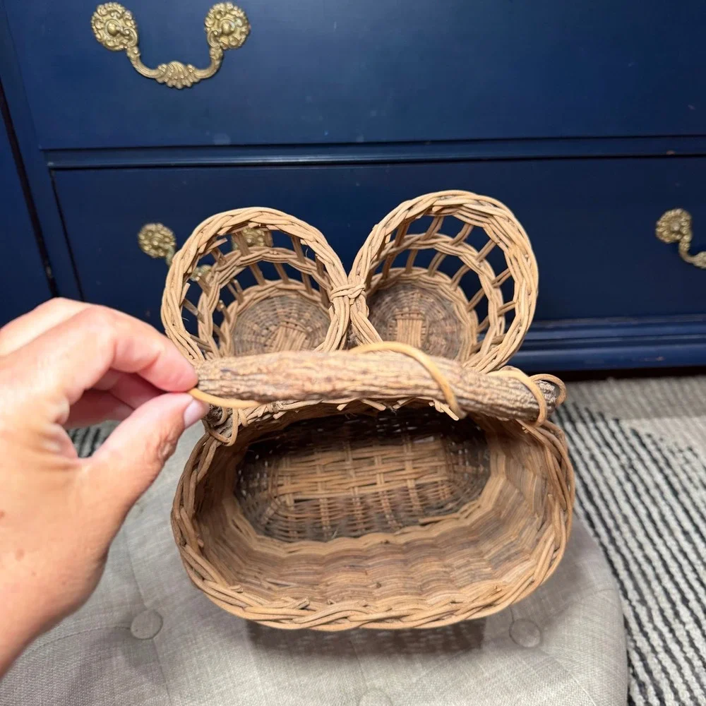 Vintage Wicker Rattan Wine Bottle Caddy 3 Compartment Branch Handle Boho Basket‎
